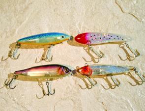 An interesting collection of nude lures. Top right is a Rapala Skitter Walk, underneath is a Shimano Splash Roller. On the right is a Bomber and beneath that is an old Mirrolure Darter.